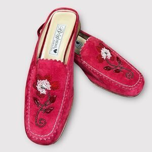 Brighton‎ Women's Melani Red Suede Leather Beaded Slip On Mule Shoes Size 6M
